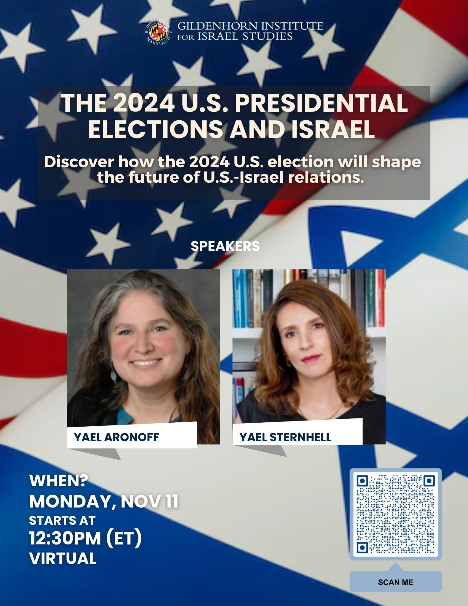 The 2024 U.S. Presidential Elections and Israel event flyer with speakers