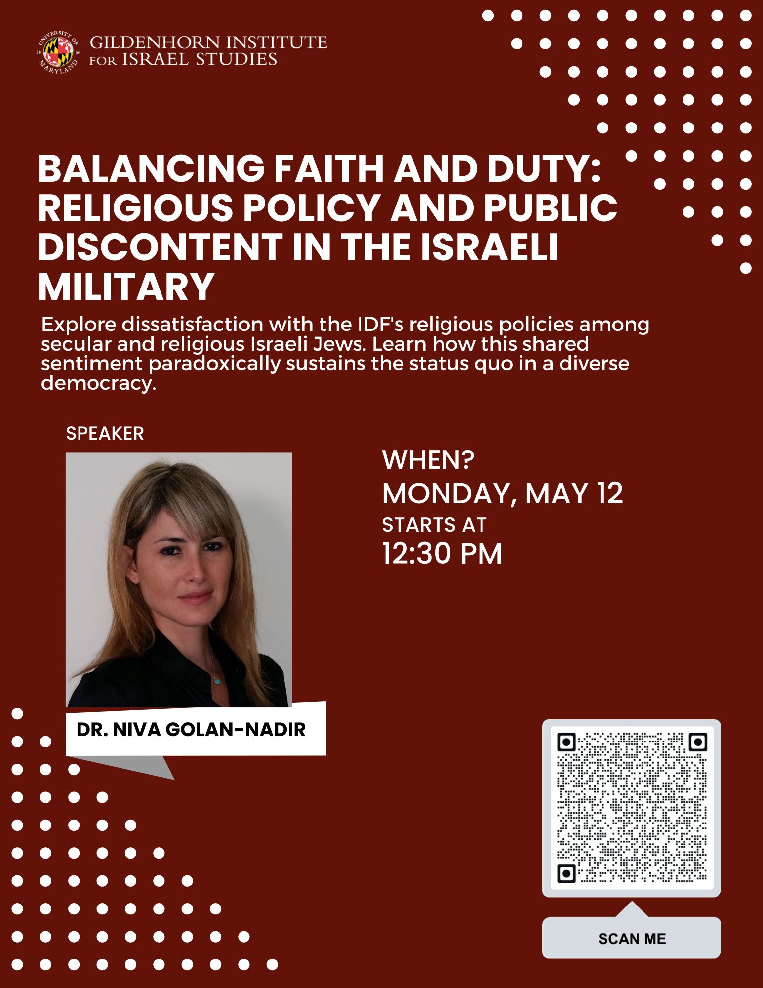 Event flyer: Balancing Faith and Duty with Dr. Niva Golan-Nadir