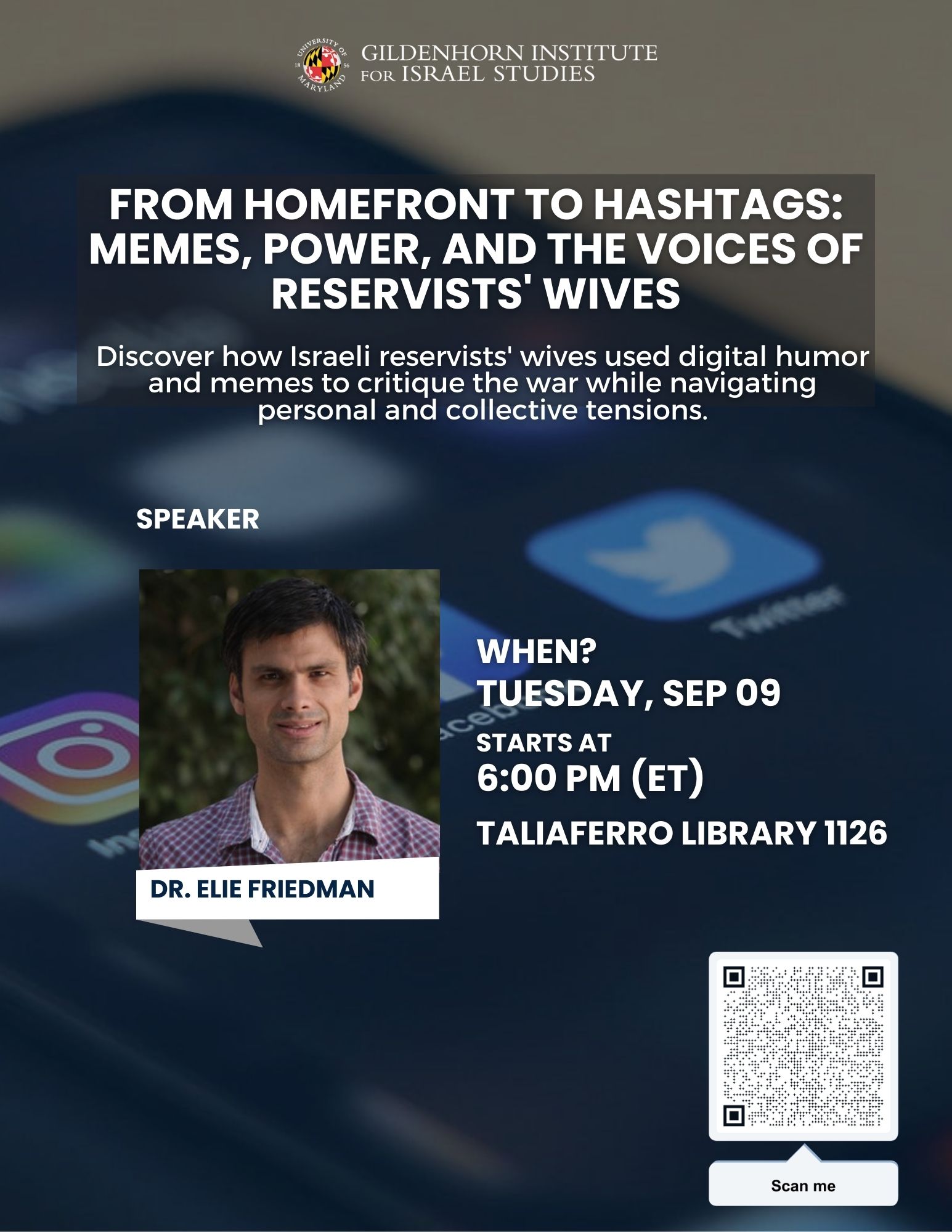 Flyer with social media icons, speaker, and QR code