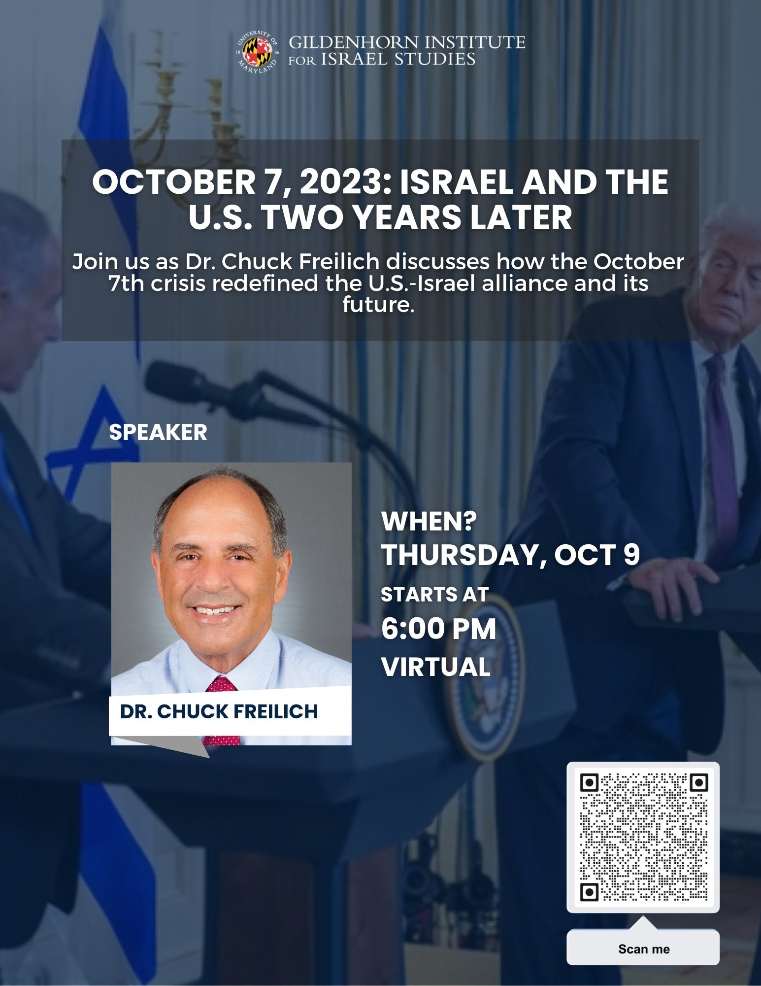Event flyer with Netanyahu and Trump in the background