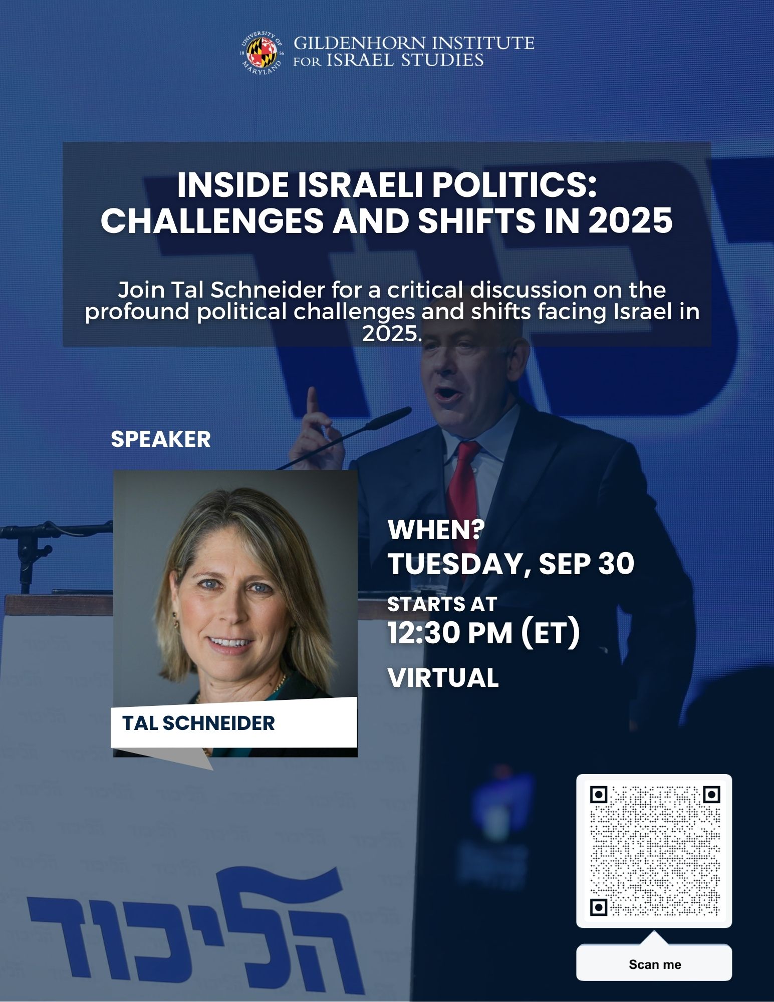 Flyer of GIIS talk with Tal Schneider with Netanyahu in the background.