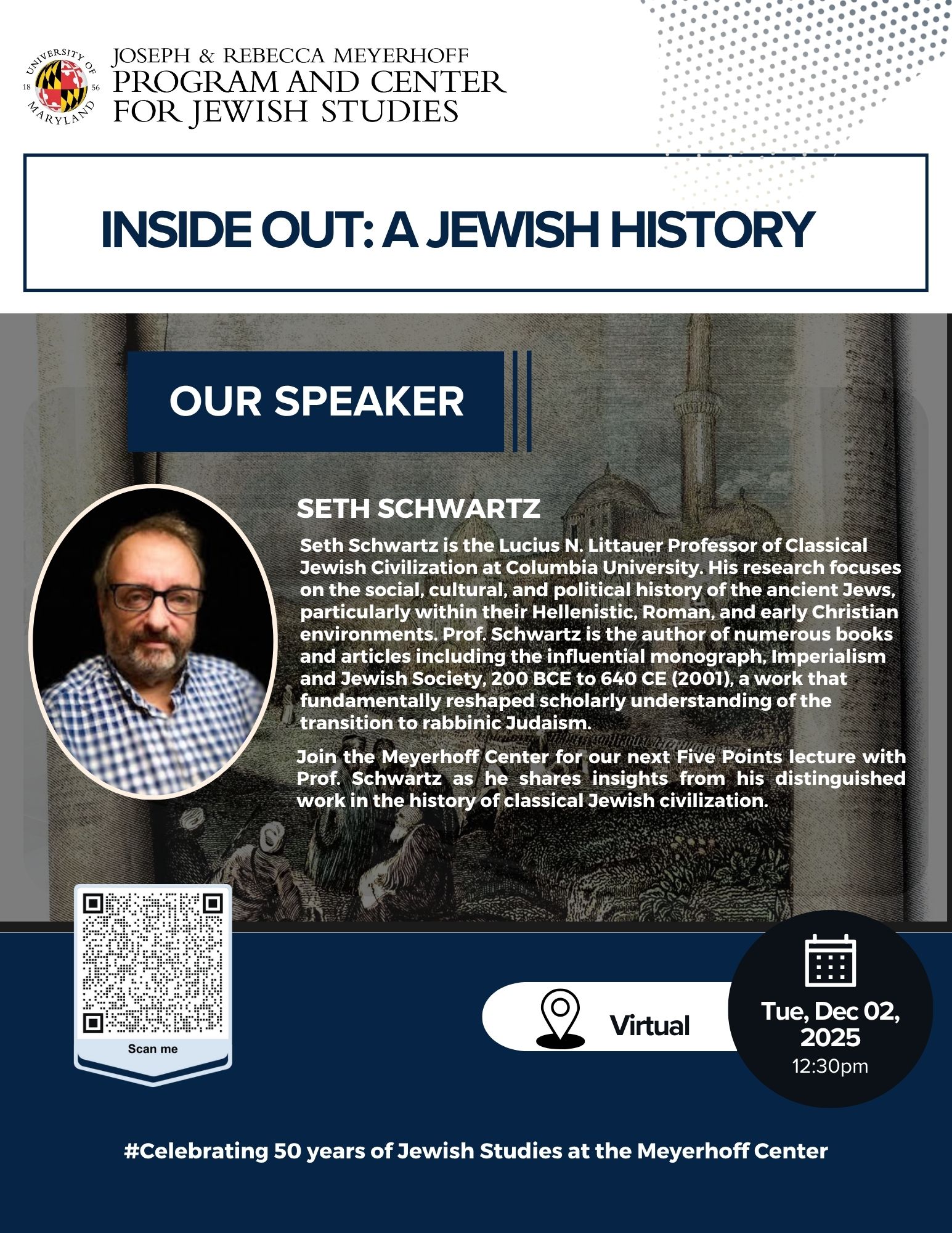 Event flyer, with Seth Schwartz with a grayish background of a building and people sitting on the floor.