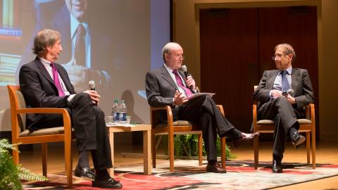 Three people on a stage during the 2015 Dubin Lecture Series